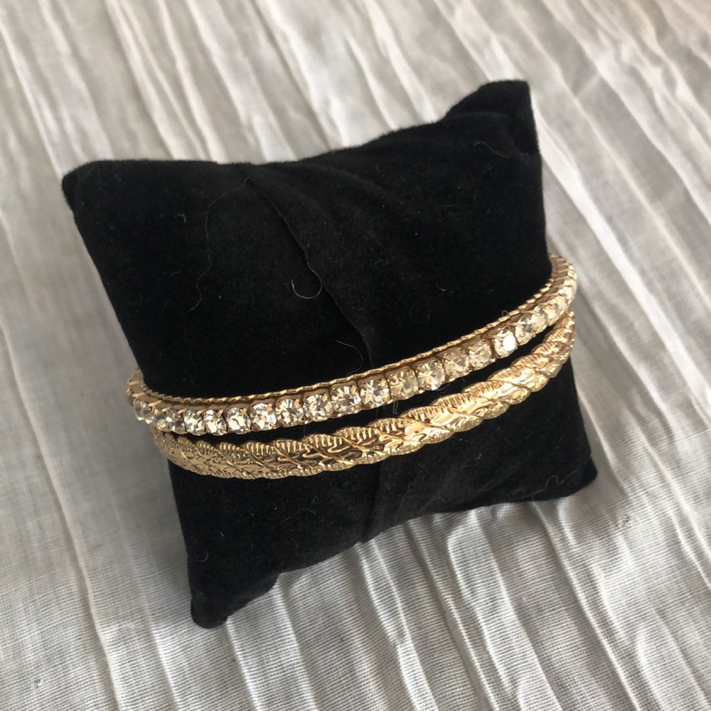 Gold braided & faux diamond studded bangle bracelets & thin delicate tennis - Picture 5 of 10